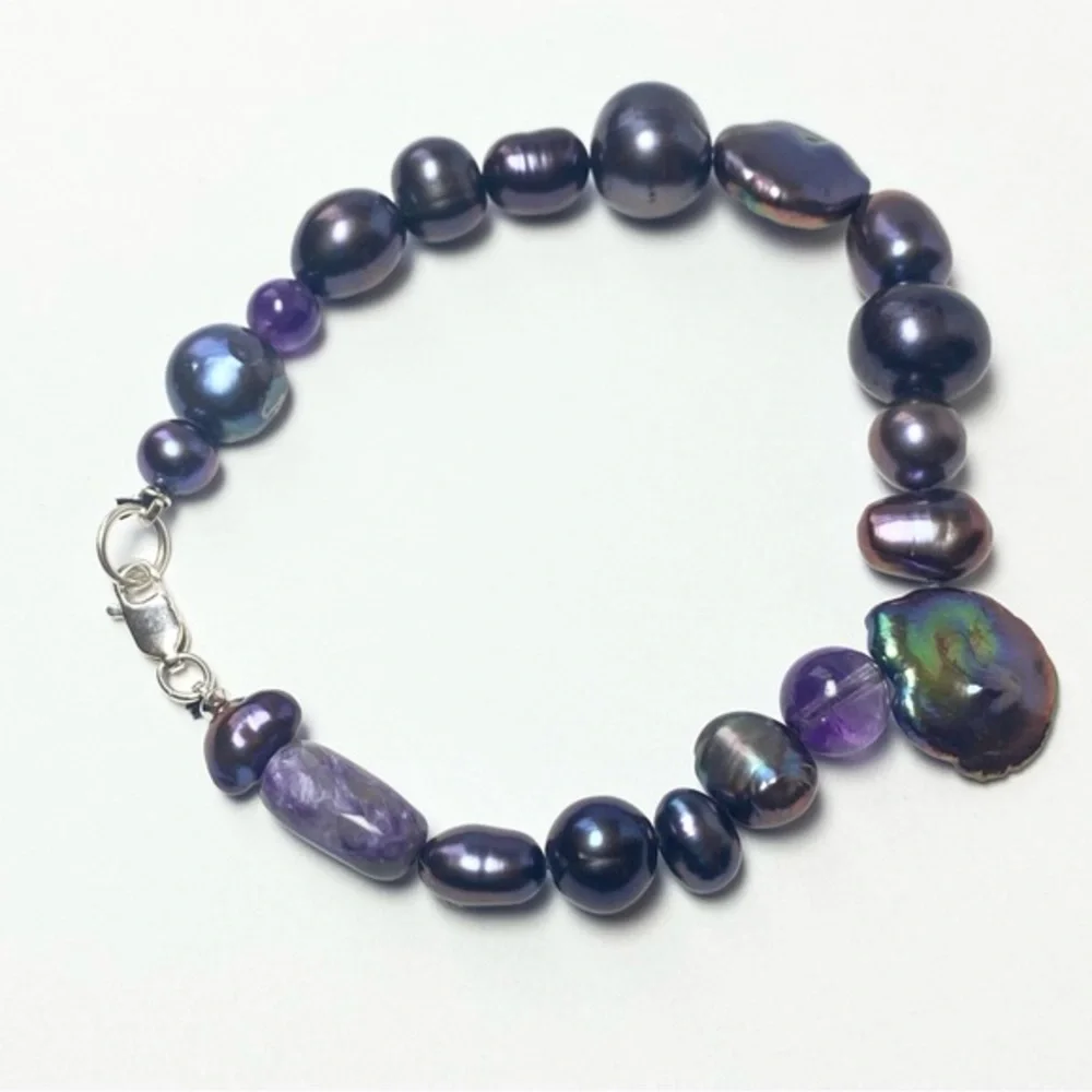 Genuine Freshwater Peacock Baroque Pearls & Amethyst Beads 925 Silver‎ Bracelet